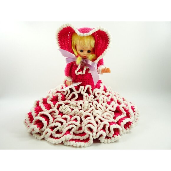 Vintage Doll Ruffled Layered Crochet Pink White Dress Sleeping Eyes 14in - Picture 2 of 10